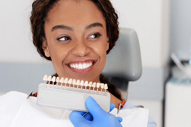 Woman's smile compared to porcelain veneer shade chart