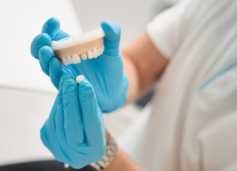 Dentist holding model dental crown